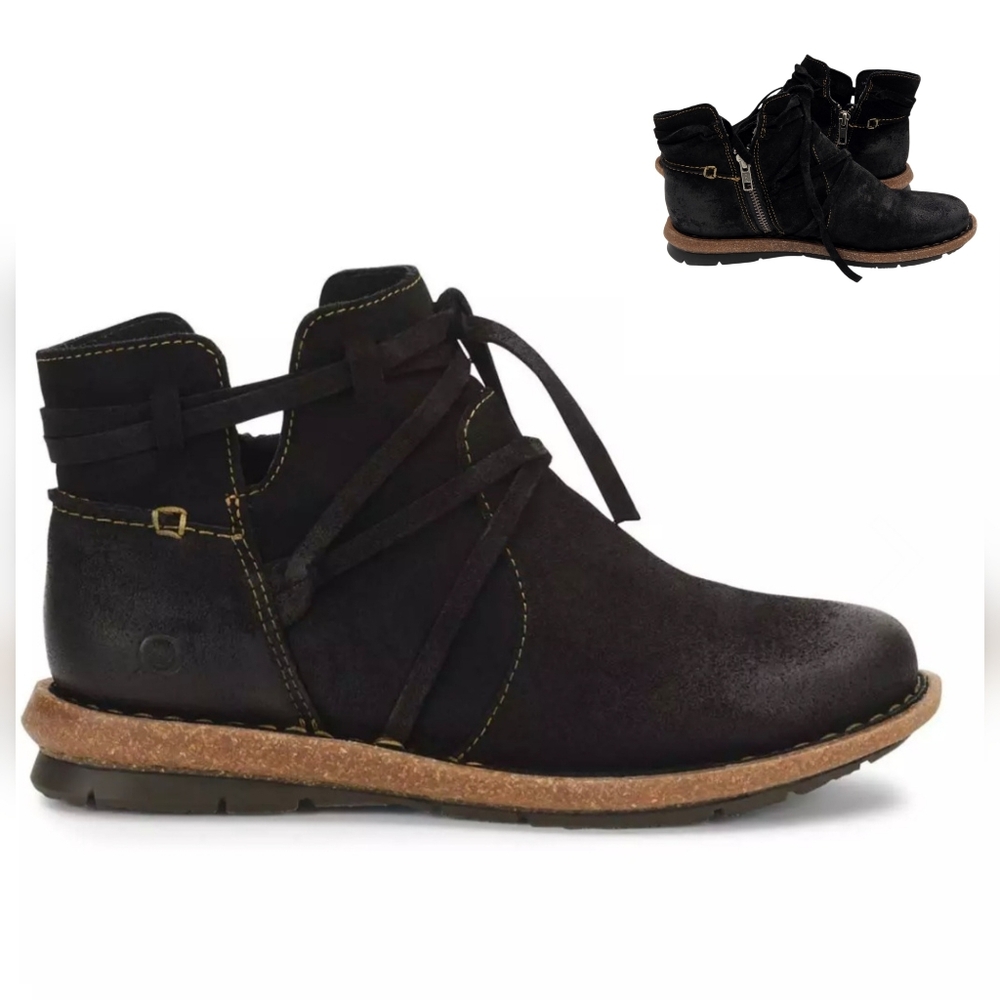 Born Womens 7.5 Tarkiln Bootie Ankle Boot Distress Suede Leather Side Zip  Black